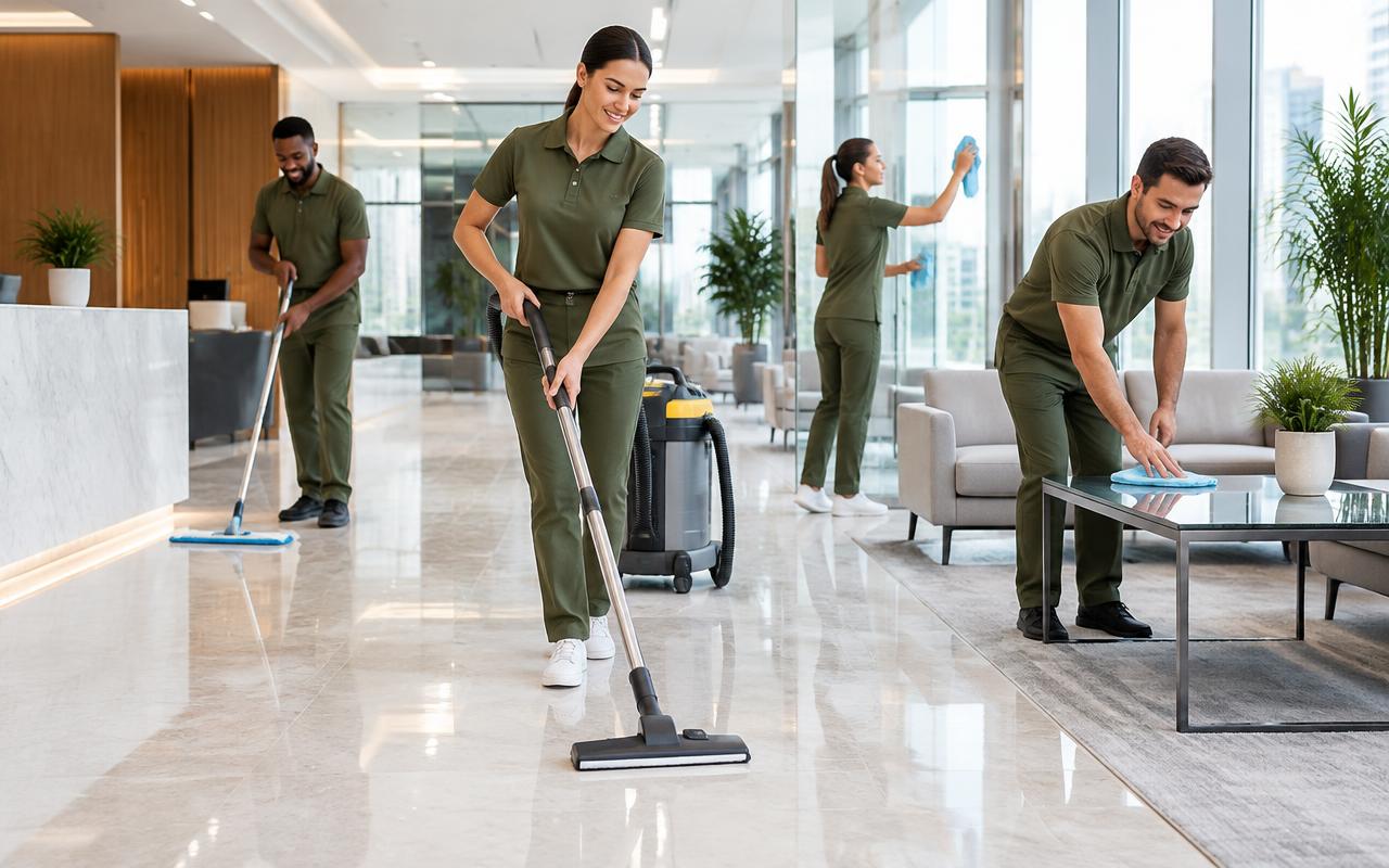 A commercial cleaning team working in a bright office lobby