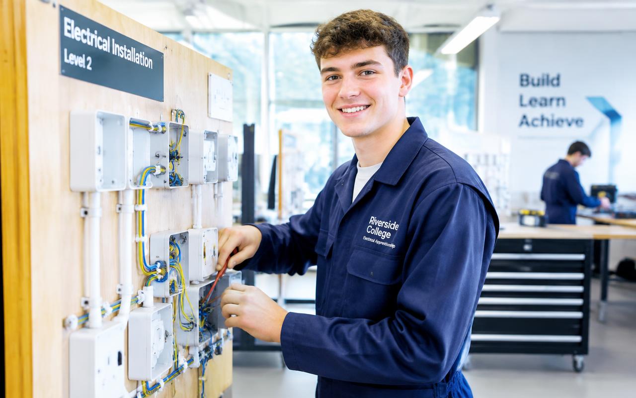 An apprentice electrician wiring a practice board in a college workshop
