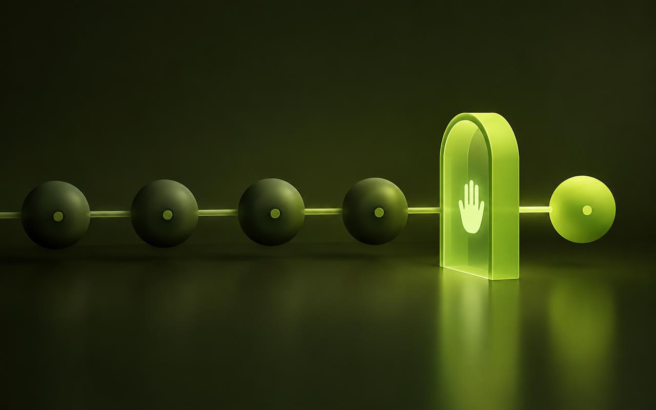 A line of nodes passing through a single approval gate