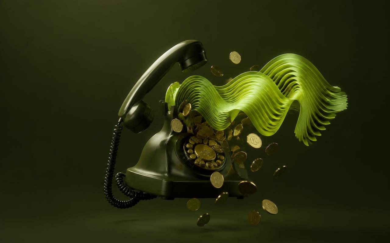 A vintage phone dissolving into sound waves and coins