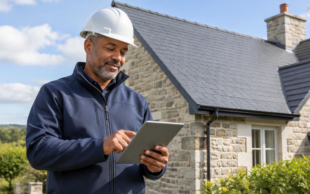 A roofer writing measurements on a notepad beside roof tiles