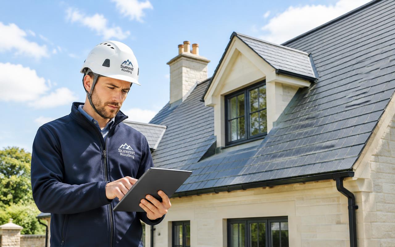 A roofer writing measurements on a notepad beside roof tiles
