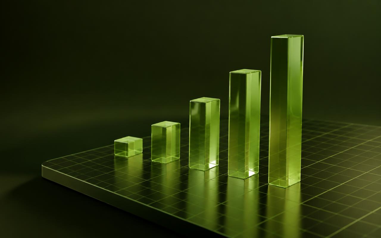 Glass bar chart rising across a grid
