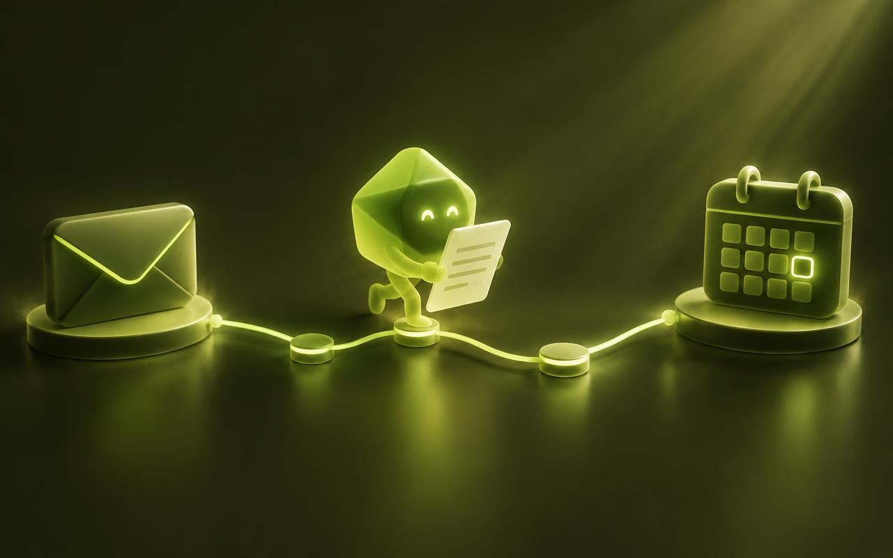 A small glowing assistant carrying a document from an envelope to a calendar