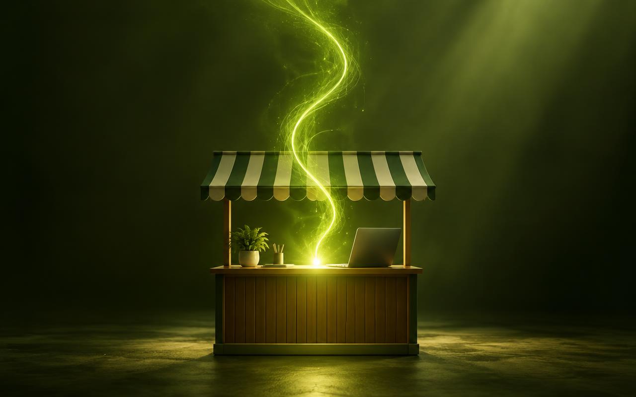 A small shop counter with a laptop and a rising green spark of light